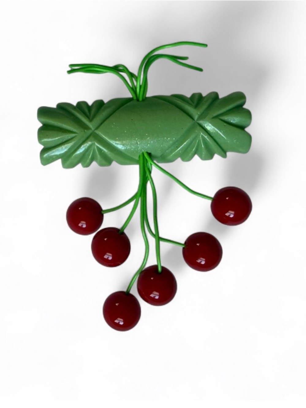 Vtg 50s 60s Bakelite green pin brooch glitter red cherry fruit costume jewelry